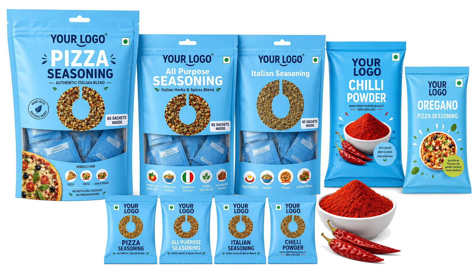 FitTree International private label product packaging — Italian seasoning, turmeric, black pepper, garam masala, chilli powder